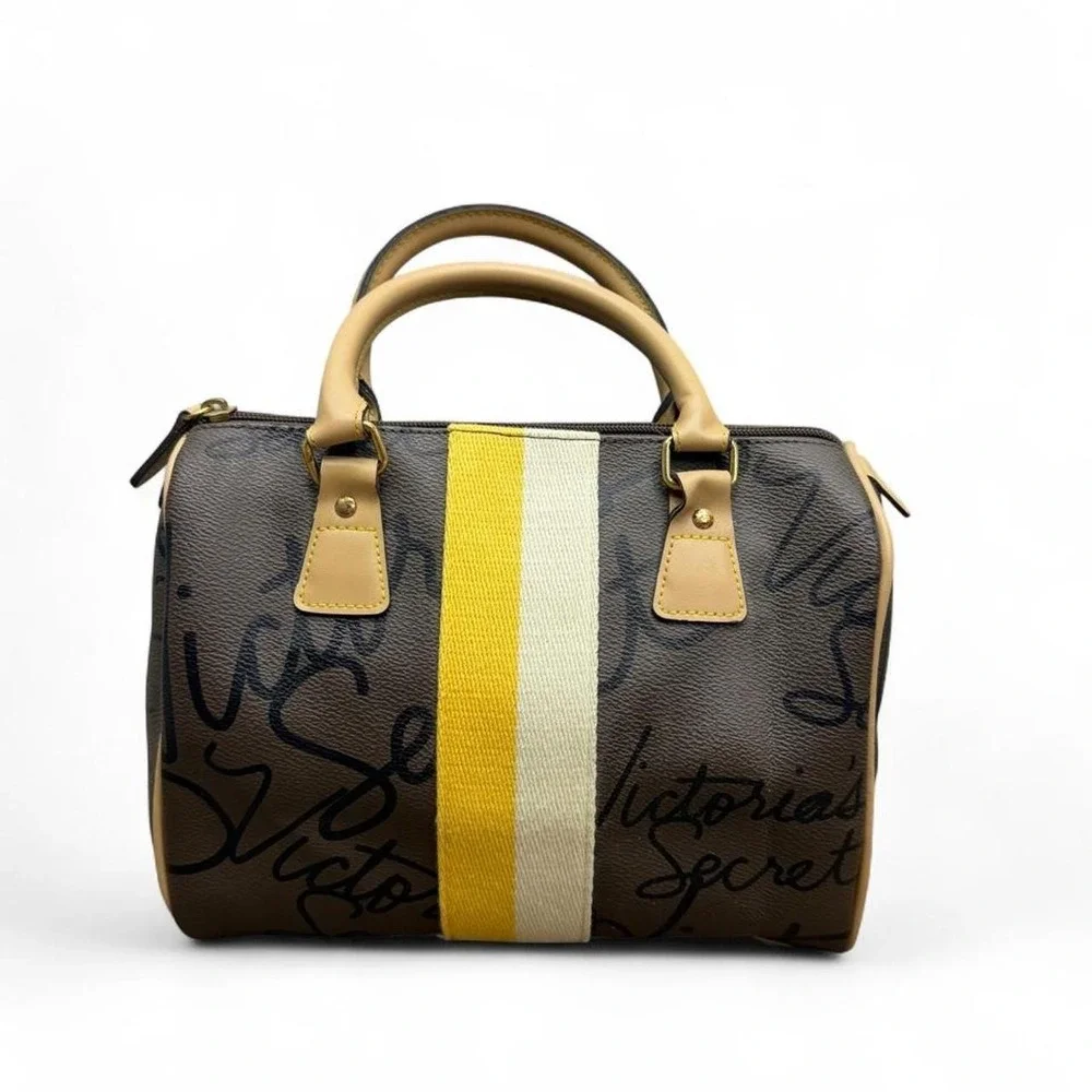 Victoria's Secret Monogram Barrel Satchel Bag Yellow Stripe Hot Pink Interior